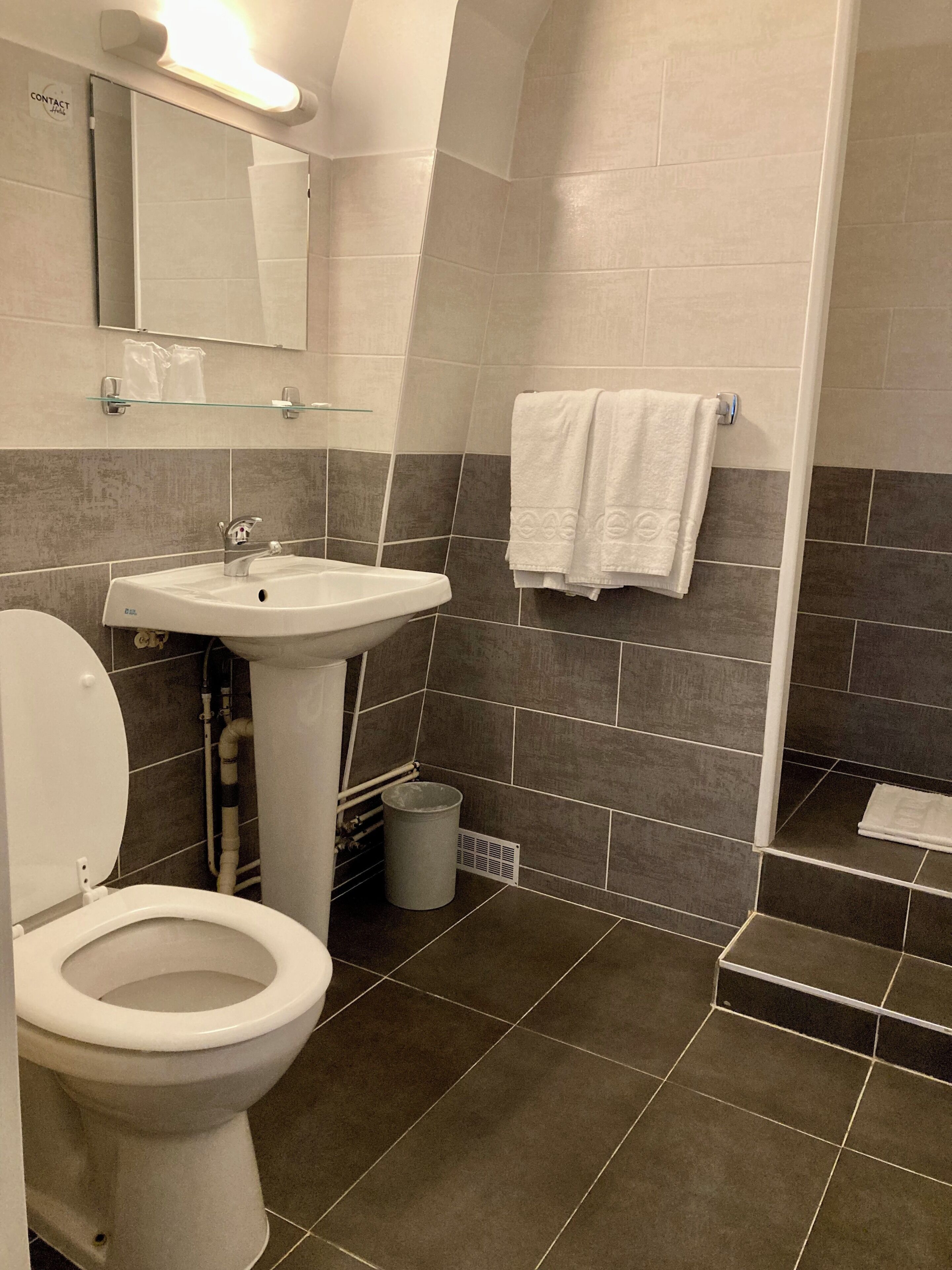 Une salle de bain comprenant des toilettes, un lavabo et un espace douche.