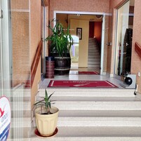 Entrada de hotel con alfombra roja, plantas en macetas y una escalera que da al interior.