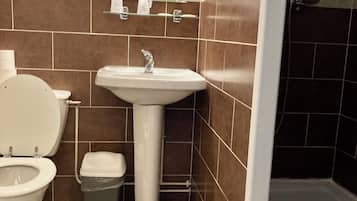 Een badkamer met toilet, wastafel en douche.