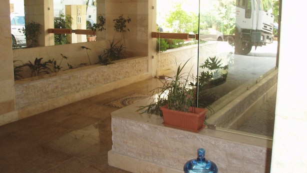 A lobby with a marble floor, a glass partition, and a potted plant.