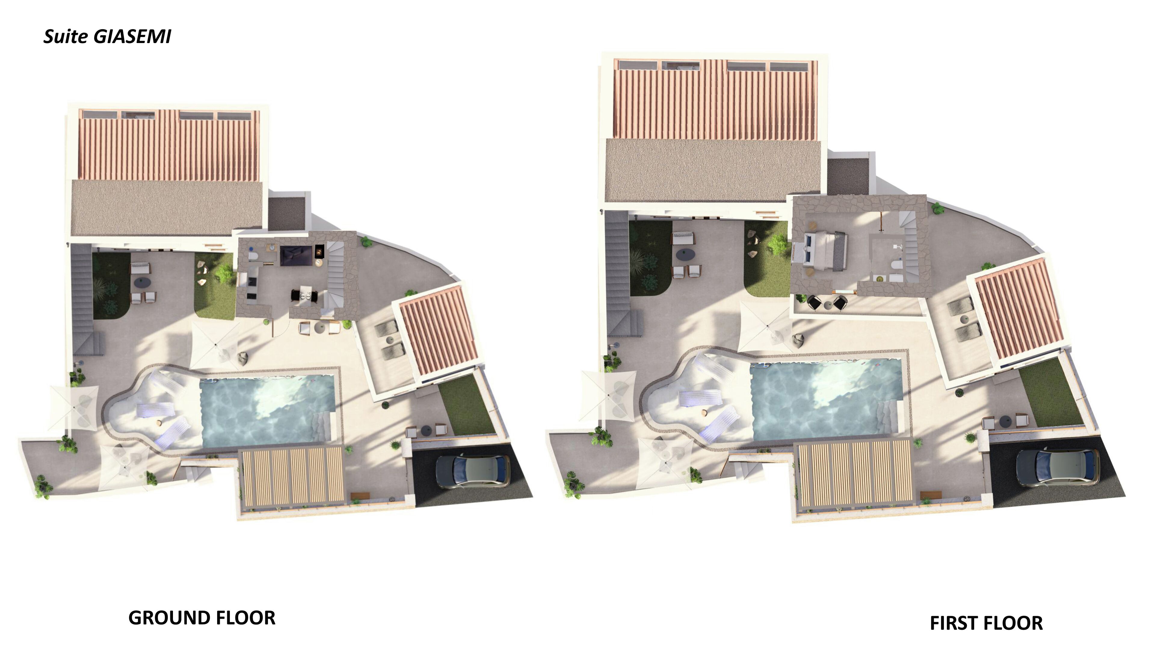 A 2D floor plan of a hotel suite with a swimming pool, lounge areas, and a stone facade.