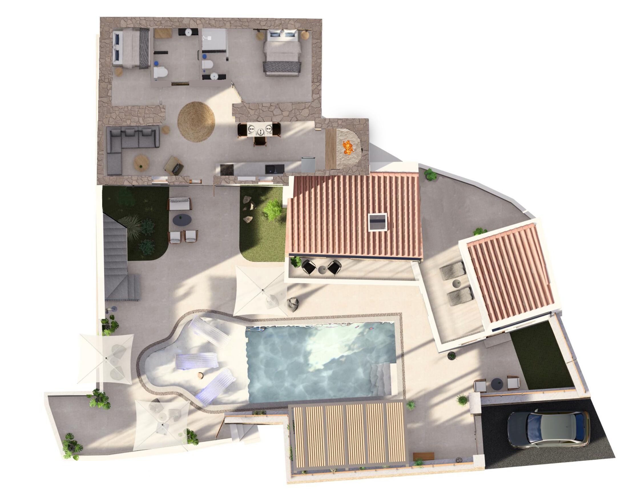 A top-down view of a residential property with a swimming pool, outdoor seating, a covered patio, and a carport.