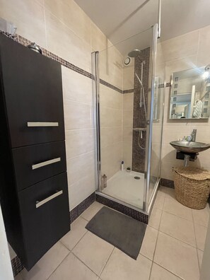 Shower, towels, toilet paper