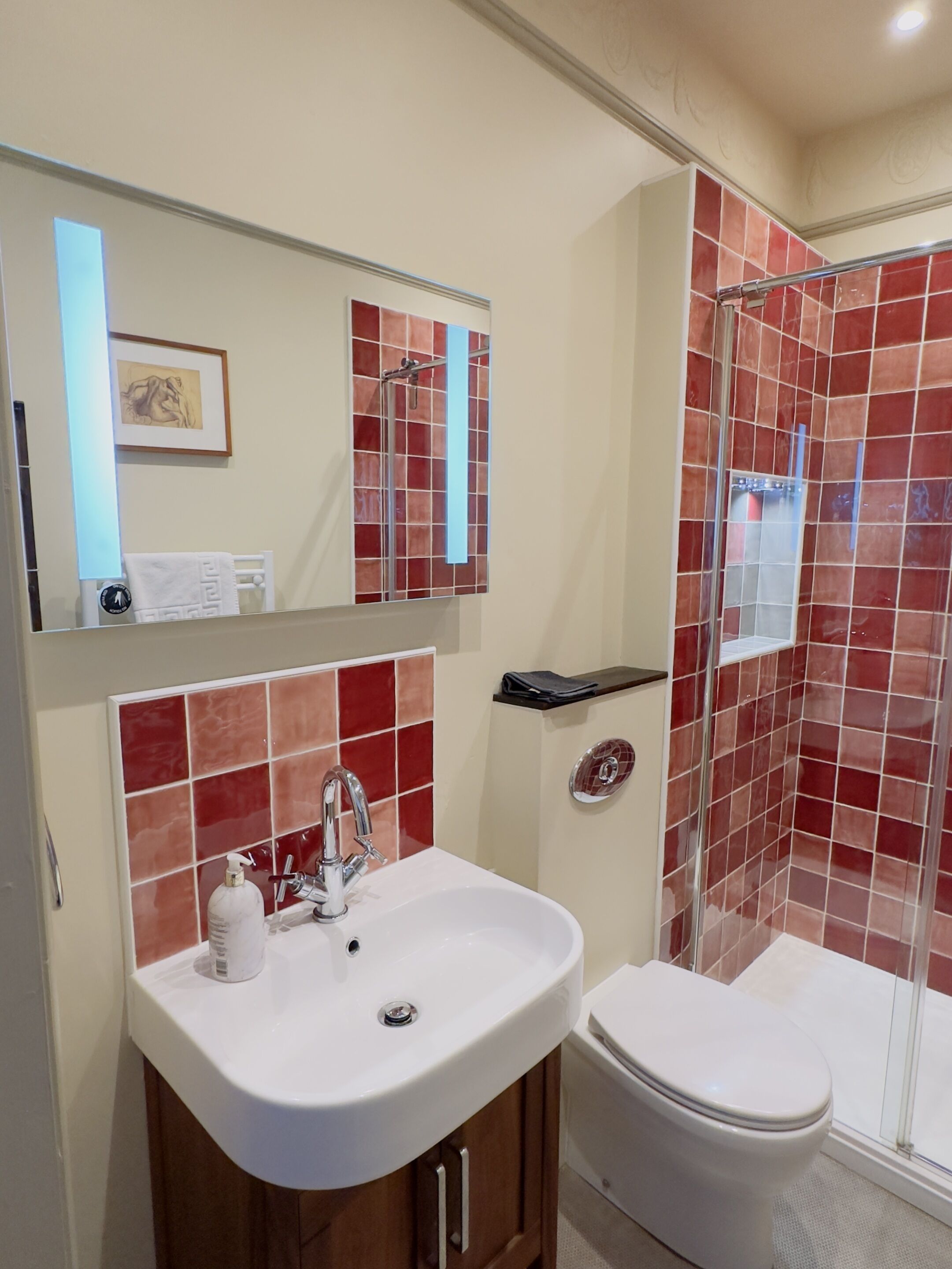 A bathroom with a white sink, a mirror, a framed picture, a shower with red tiles, and a toilet.
