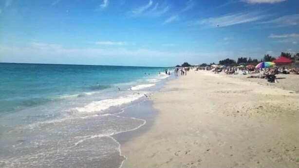 Una playa con cielos despejados y aguas tranquilas.