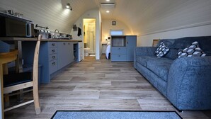 Un espace de vie compact comprenant un coin cuisine, un canapé et un plancher en bois.