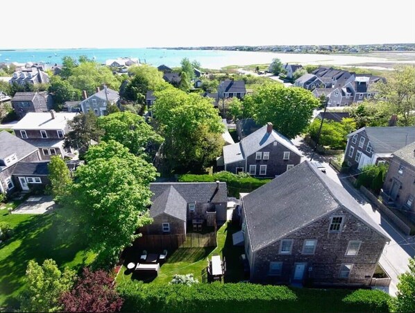 Houses with gabled roofs are nestled among lush greenery near a large body of water.