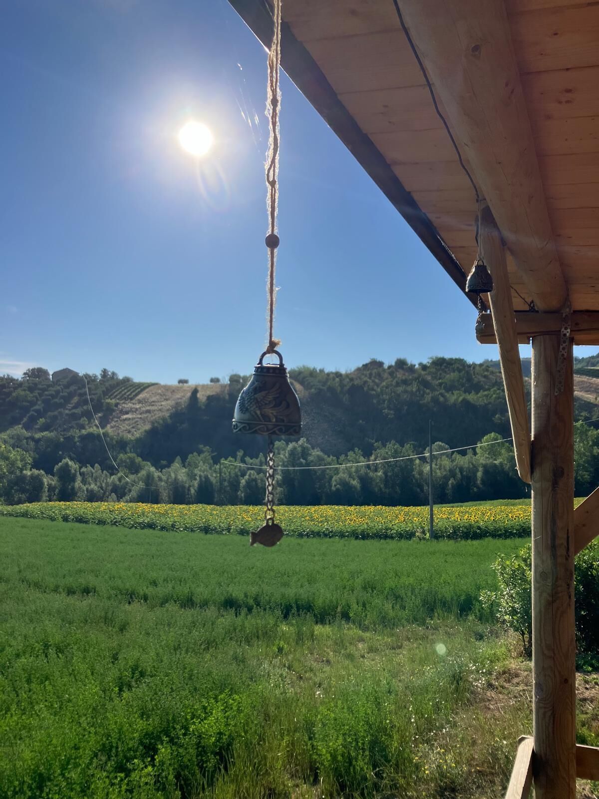 Une structure en bois, ornée d’une cloche suspendue, qui offre une vue dégagée sur un champ verdoyant et des collines en arrière-plan.