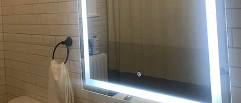Hair dryer, towels, soap, toilet paper