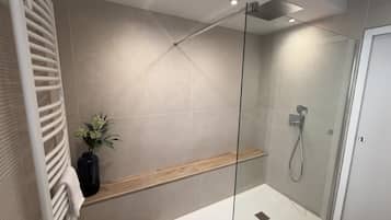 Dusche, Haartrockner, Handtücher, Toilettenpapier