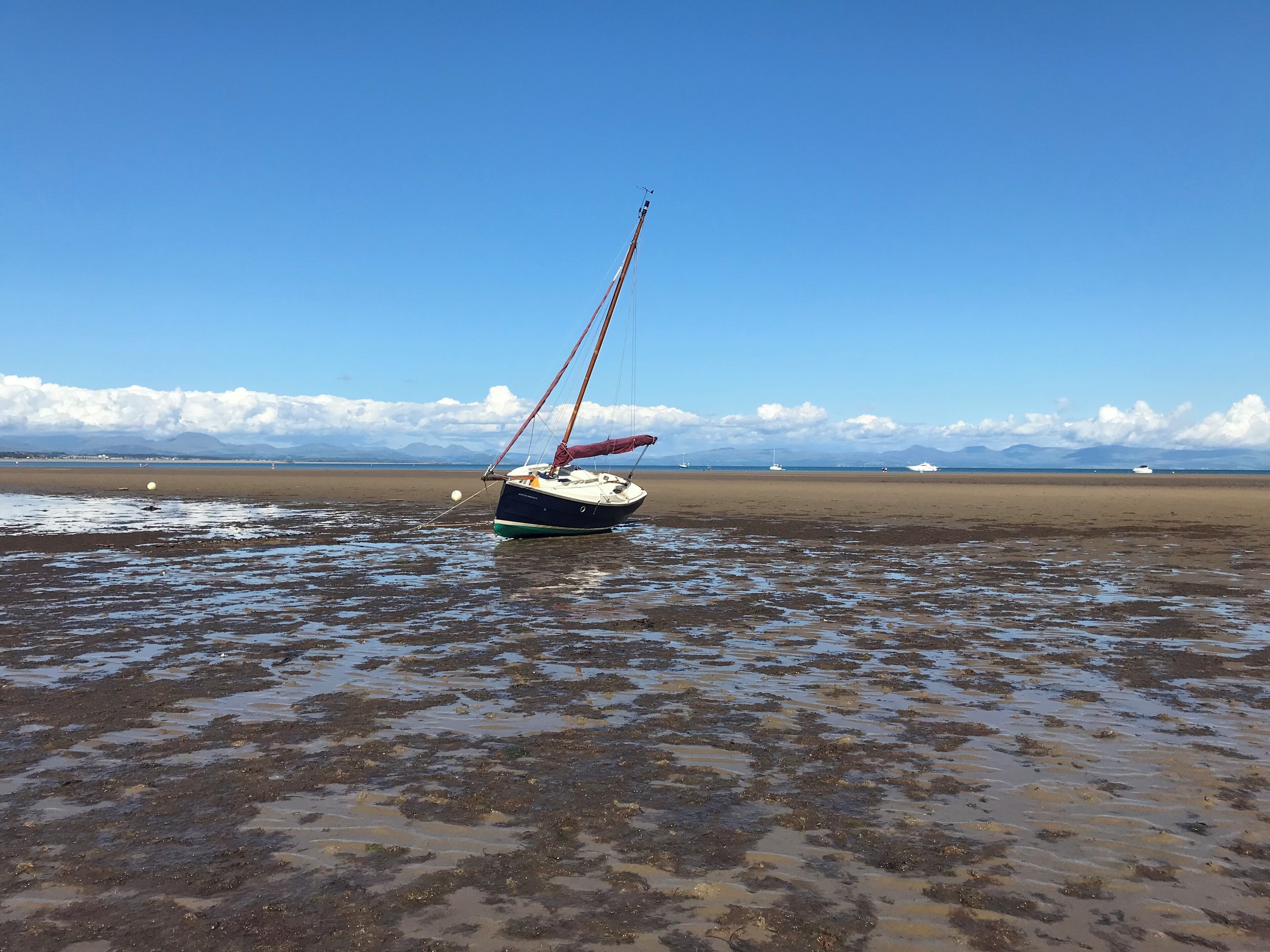 A boat on a muddy beach with a clear sky and mountains in the background.