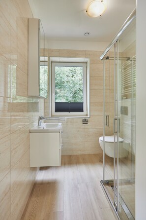 A modern bathroom with a glass shower enclosure, a sink with a mirror, and a toilet. - Apartamenty Swinoujscie- Sienkiewicza 23 (Swinoujscie)