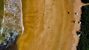 An aerial view of a beach with a sandy shore, a few people, and some beach umbrellas. - Pousada Contêiner 10 (Serra)