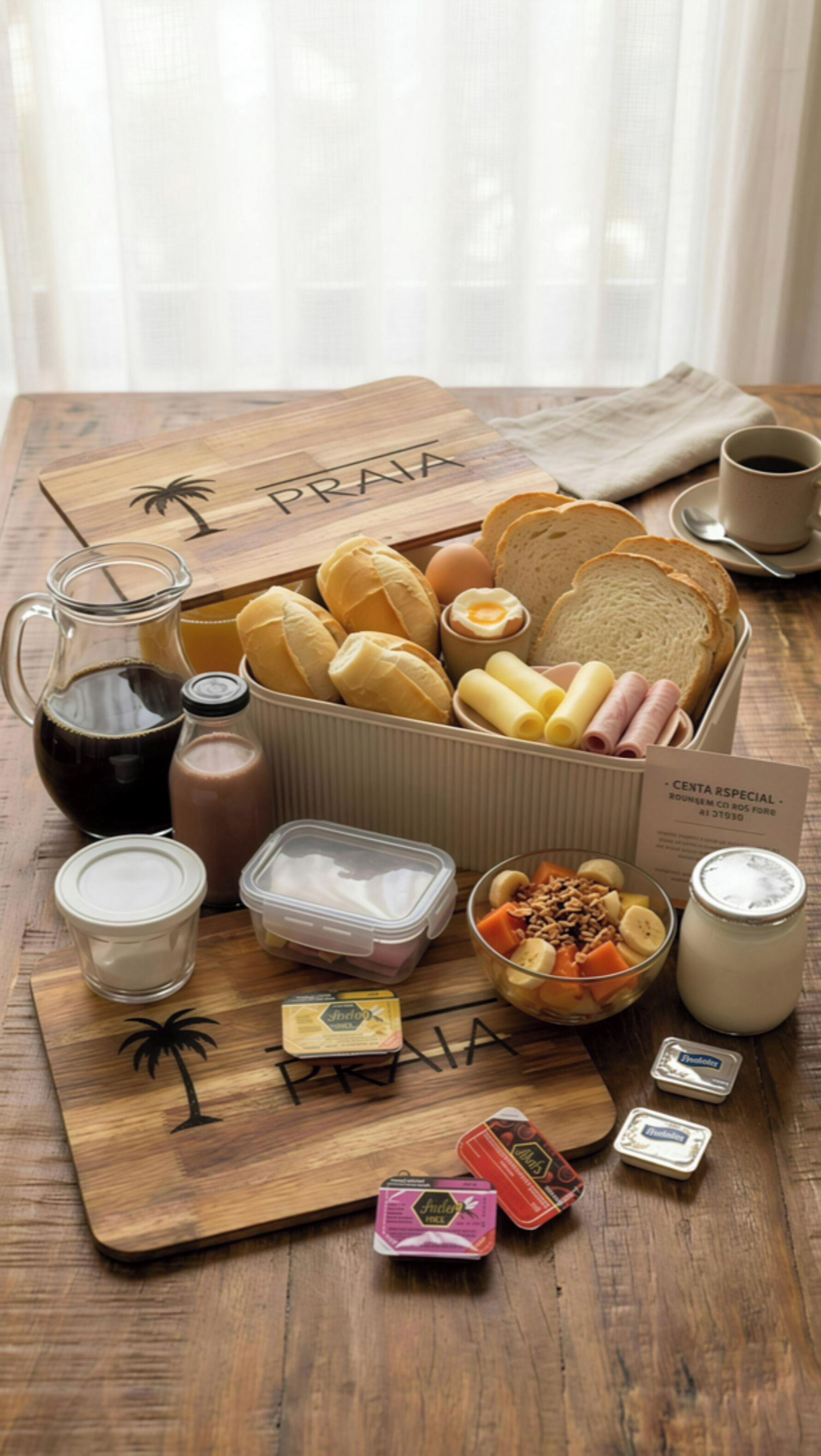 A wooden tray with a variety of food items, including bread, eggs, and condiments, on a wooden table.