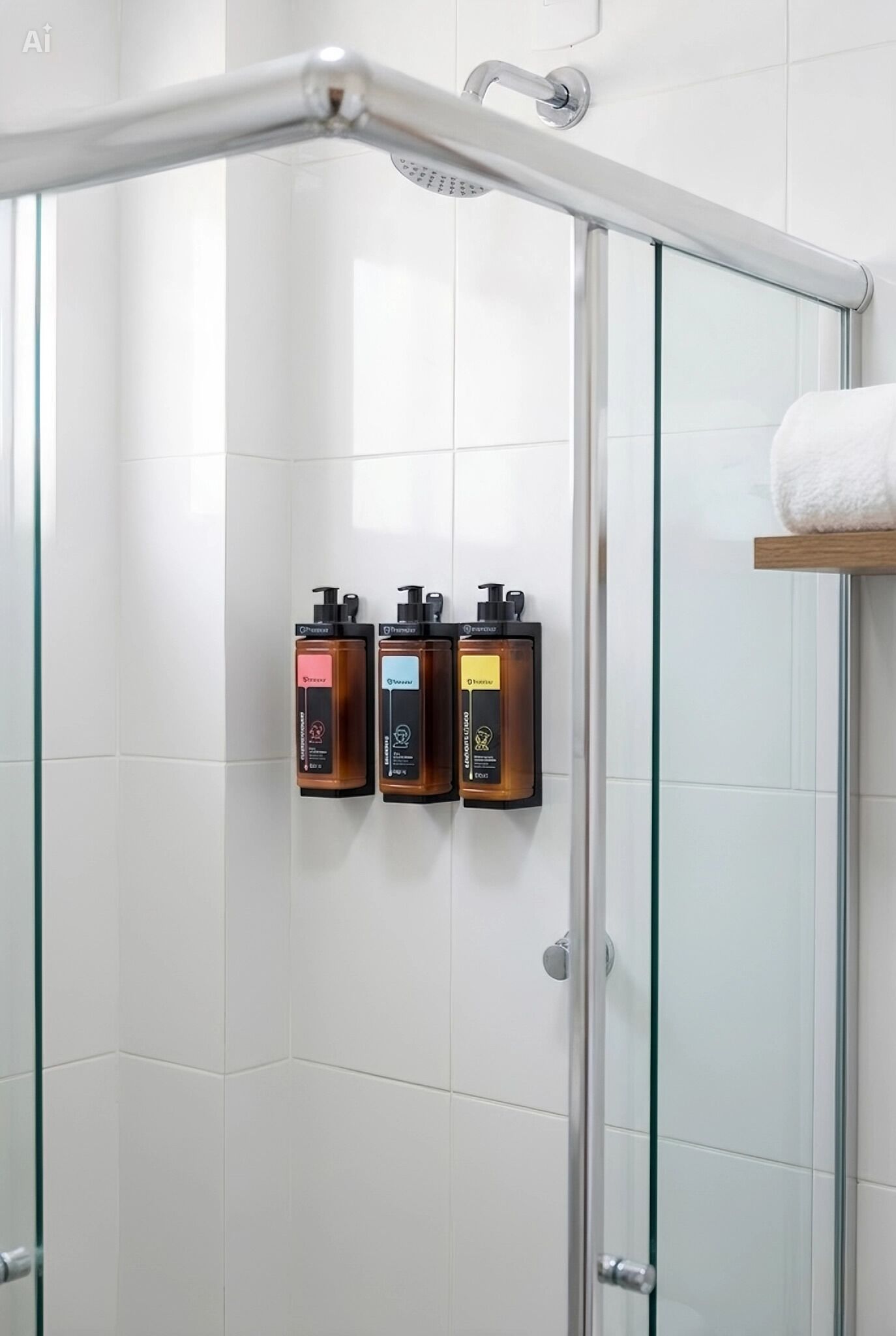 Zona de ducha con puerta de cristal, cabezal de ducha metálico y tres botellas de champú en un estante fijado a la pared.