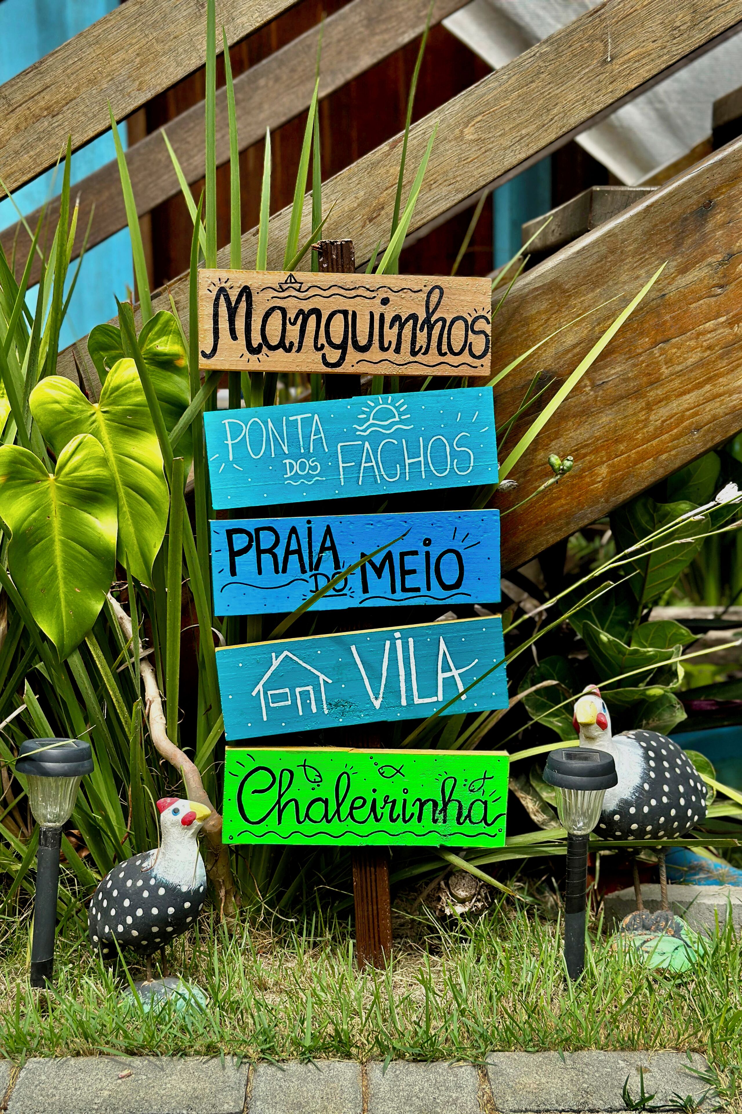 Un letrero de madera con varios destinos indicados, rodeado de follaje y figuras decorativas de pájaros.