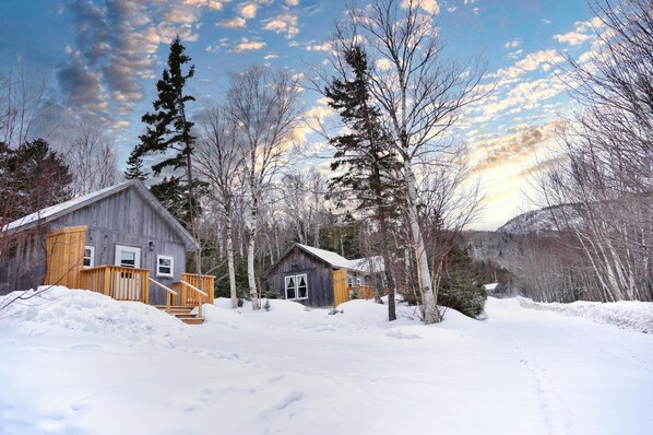 A wooden cabin with a staircase and a small porch, surrounded by snow-covered ground and trees.
