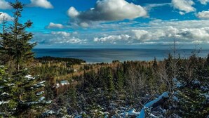 A coastal landscape with a view of the sea, dense forest, and a few buildings in the distance. - Trailside Cottage #2 (Victoria County)