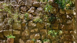 A stone wall with hanging planters and two chairs with floral cushions. - Hedera Estate, Hedera A6 (Dubrovnik)