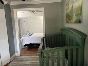 2 bedrooms, desk, iron/ironing board, travel crib