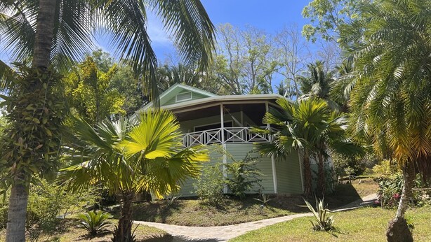 Un petit bâtiment d’un seul étage, doté d’un toit végétalisé et de murs blancs, entouré de palmiers et d’autres plantes tropicales.