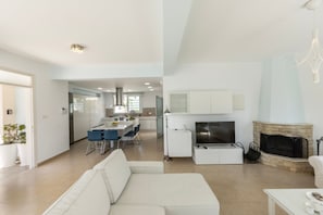 TV, fireplace