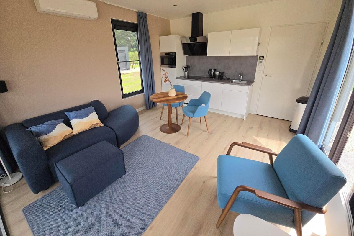 A modern living room with a sofa and chairs, a dining area with a table and chairs, and a kitchen with cabinets and appliances.