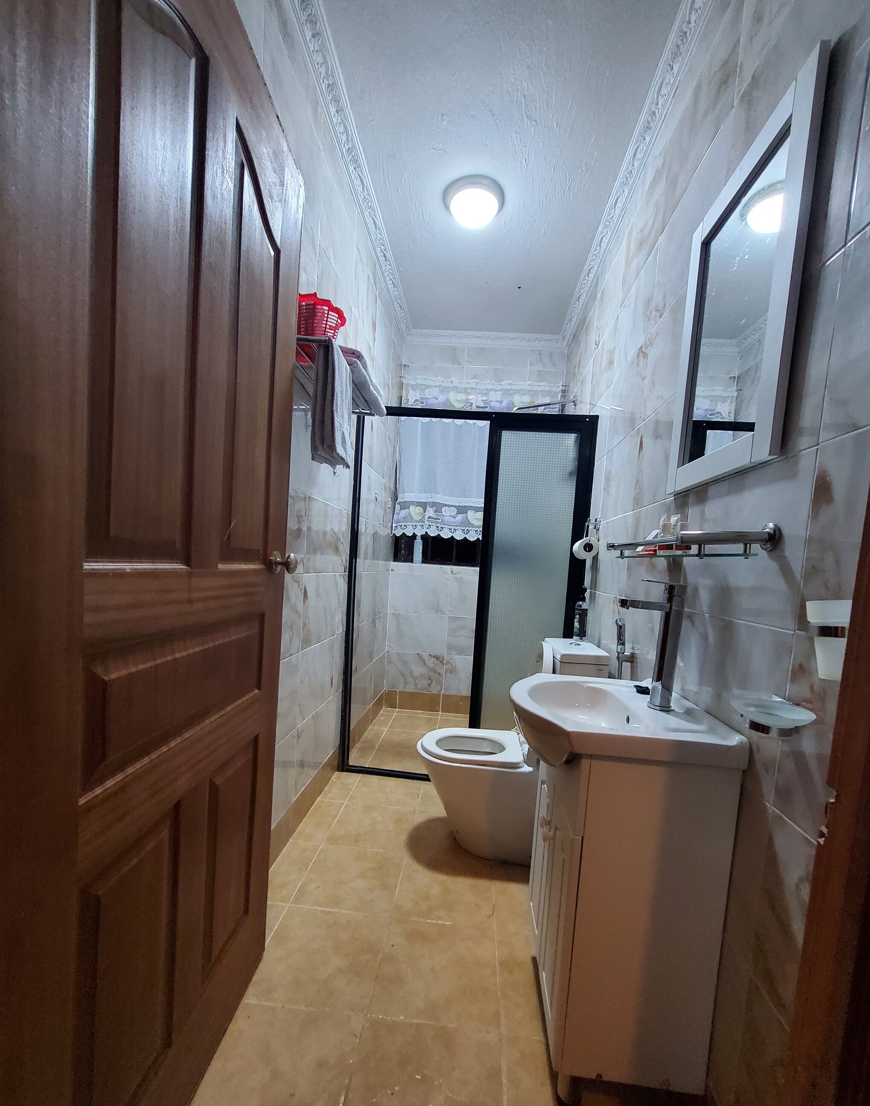 A bathroom with a toilet, sink, mirror, and a wooden door.