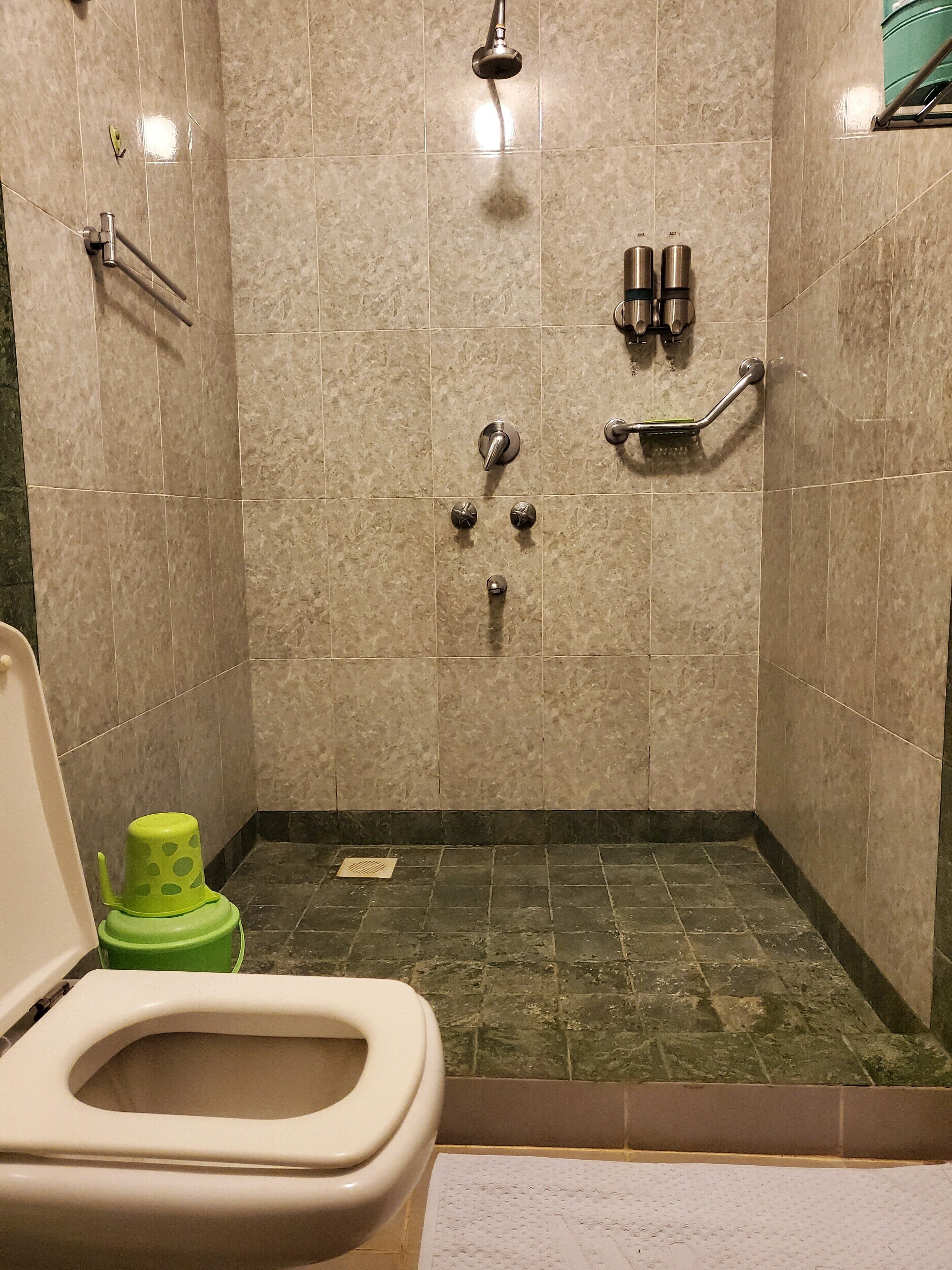 A small, tiled bathroom with a shower, toilet, and grab bars.
