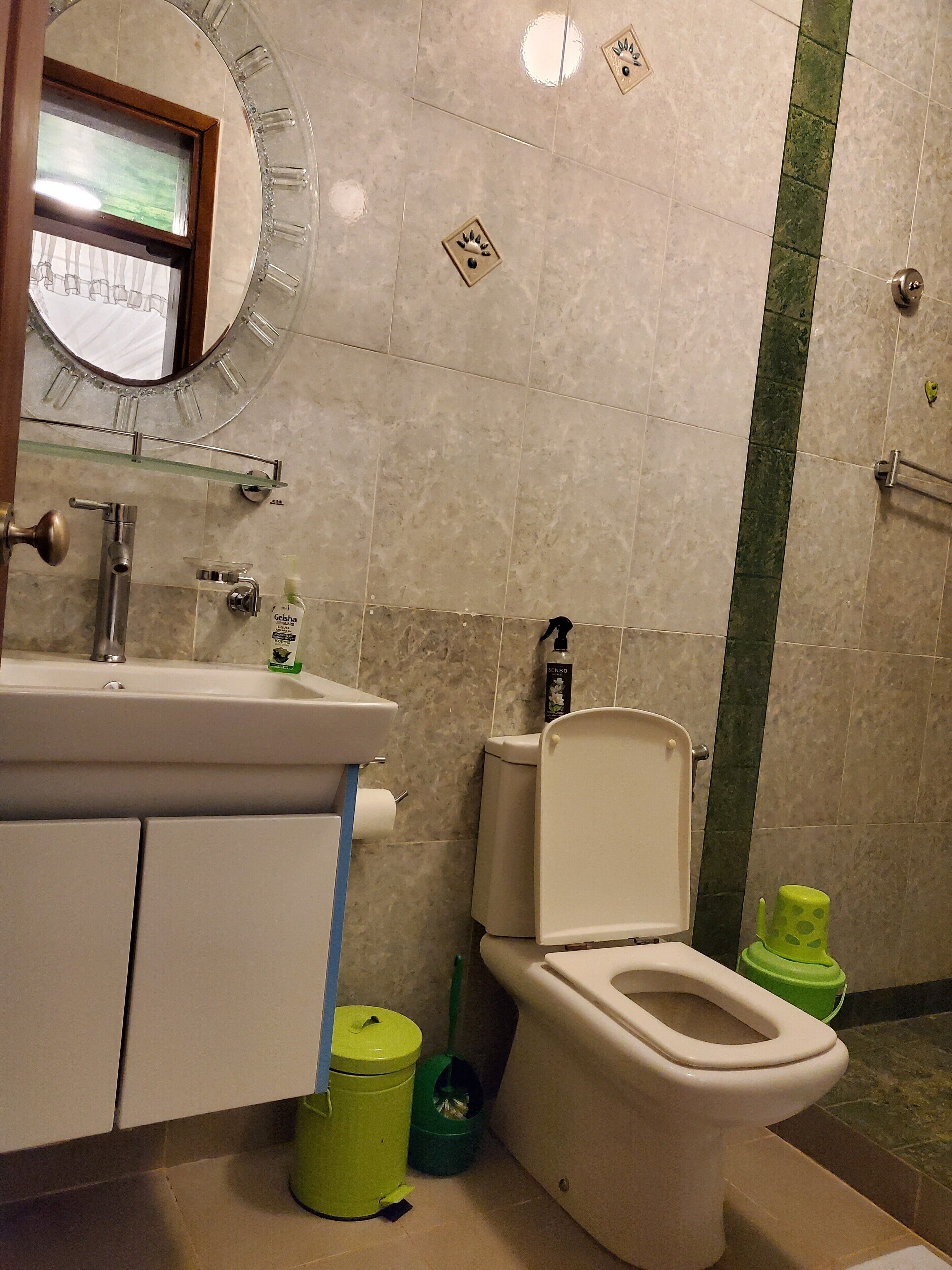 Un baño con inodoro, lavabo y espejo.