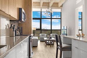 Fridge, microwave, stovetop, coffee/tea maker