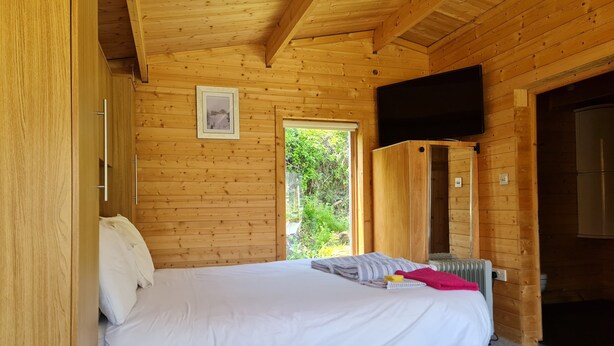 A wooden cabin room with a bed, a TV mounted on the wall, and a door leading outside.