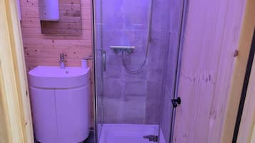 A small, enclosed bathroom with a glass shower enclosure, a sink, and a toilet.