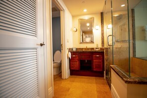 Hair dryer, towels, soap, toilet paper