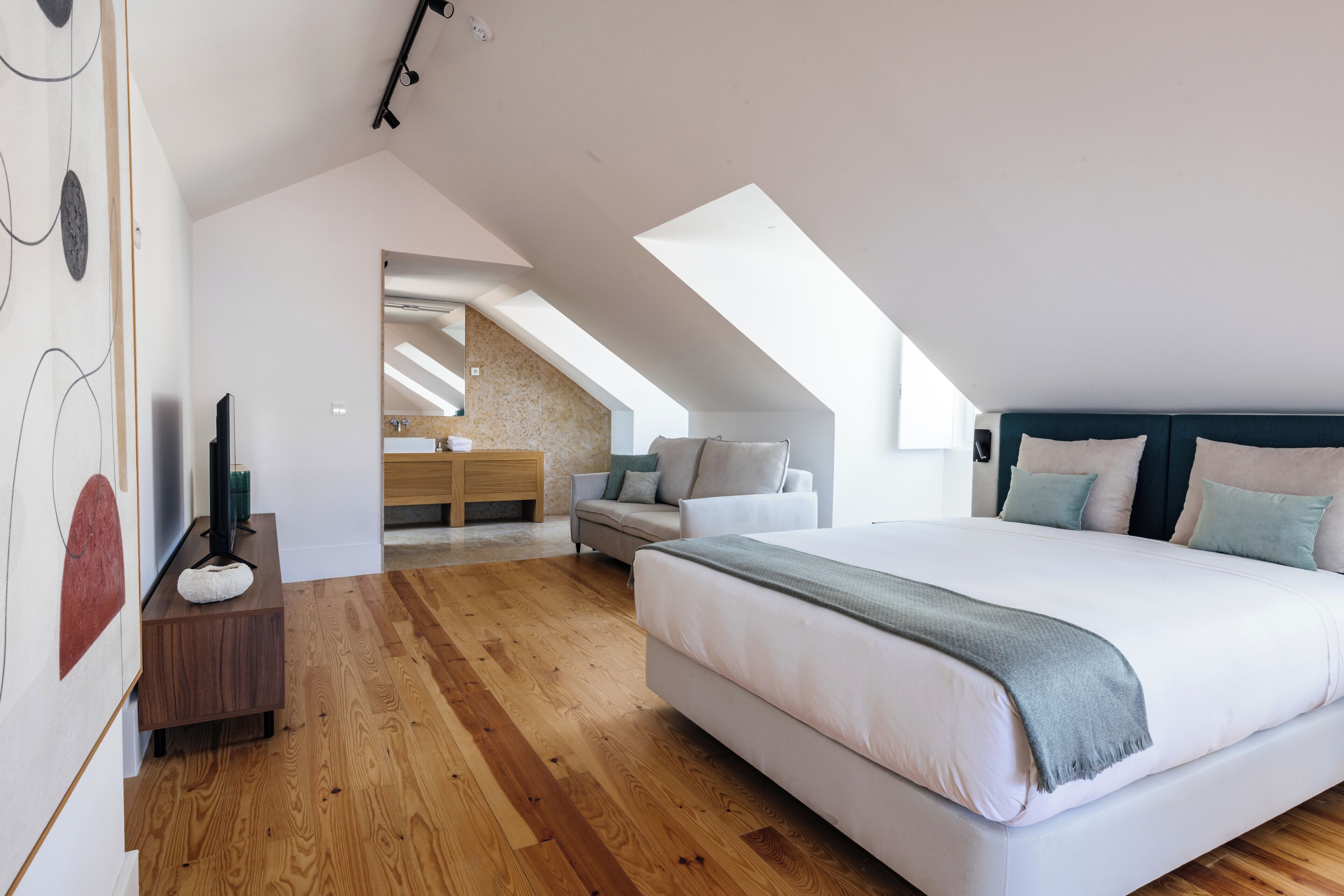Camera da letto moderna con un letto grande, pavimento in legno, un lucernario e vista sul bagno.