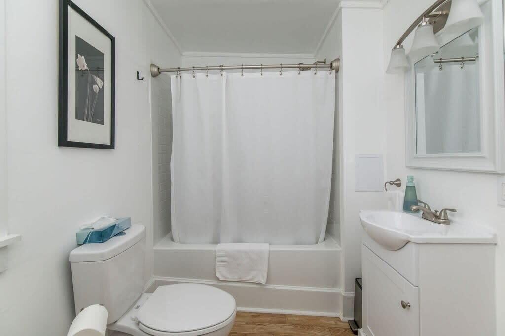 Bathtub, hair dryer, towels, shampoo