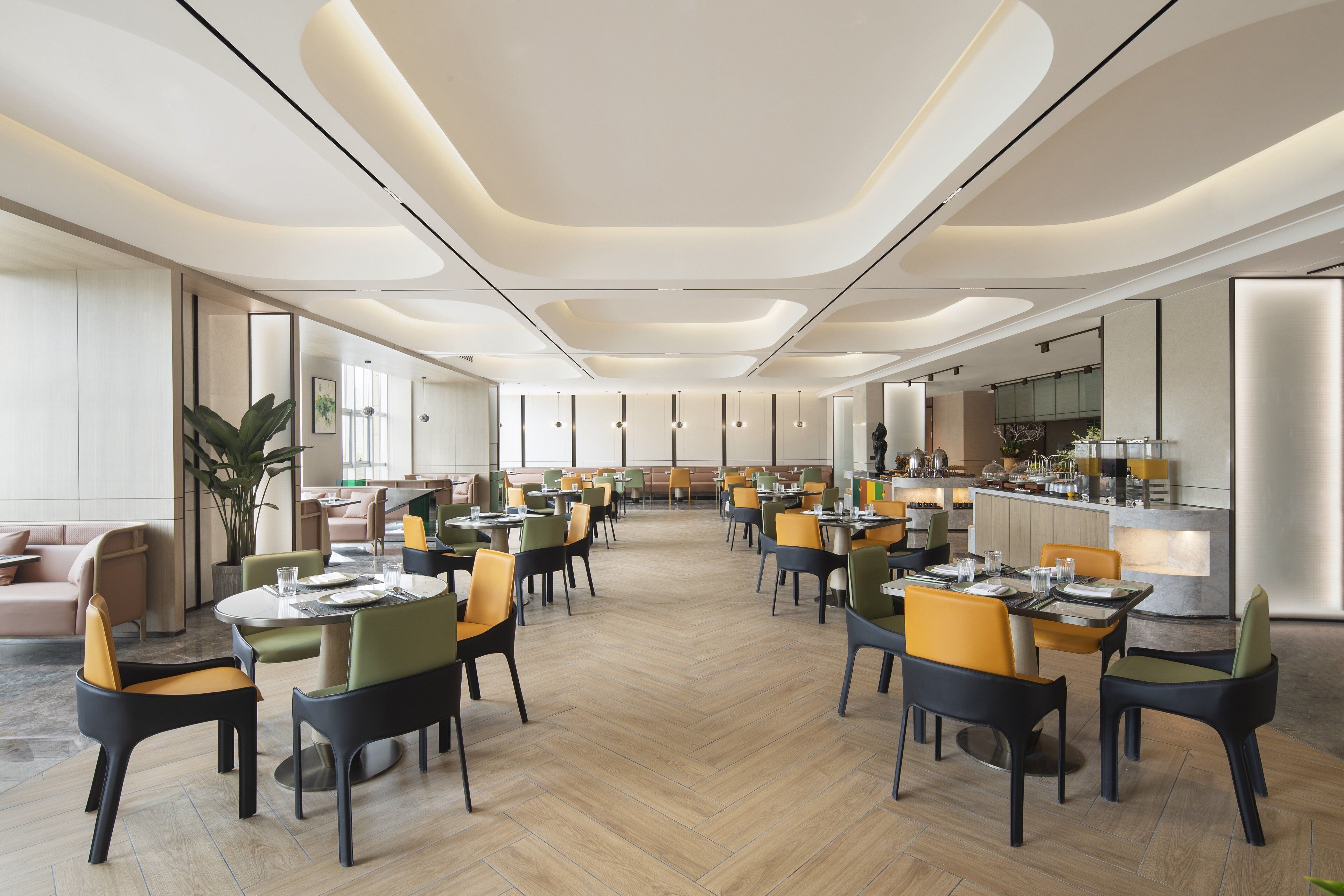 A spacious dining area with multiple tables and chairs, a modern kitchen in the background, and a large potted plant.