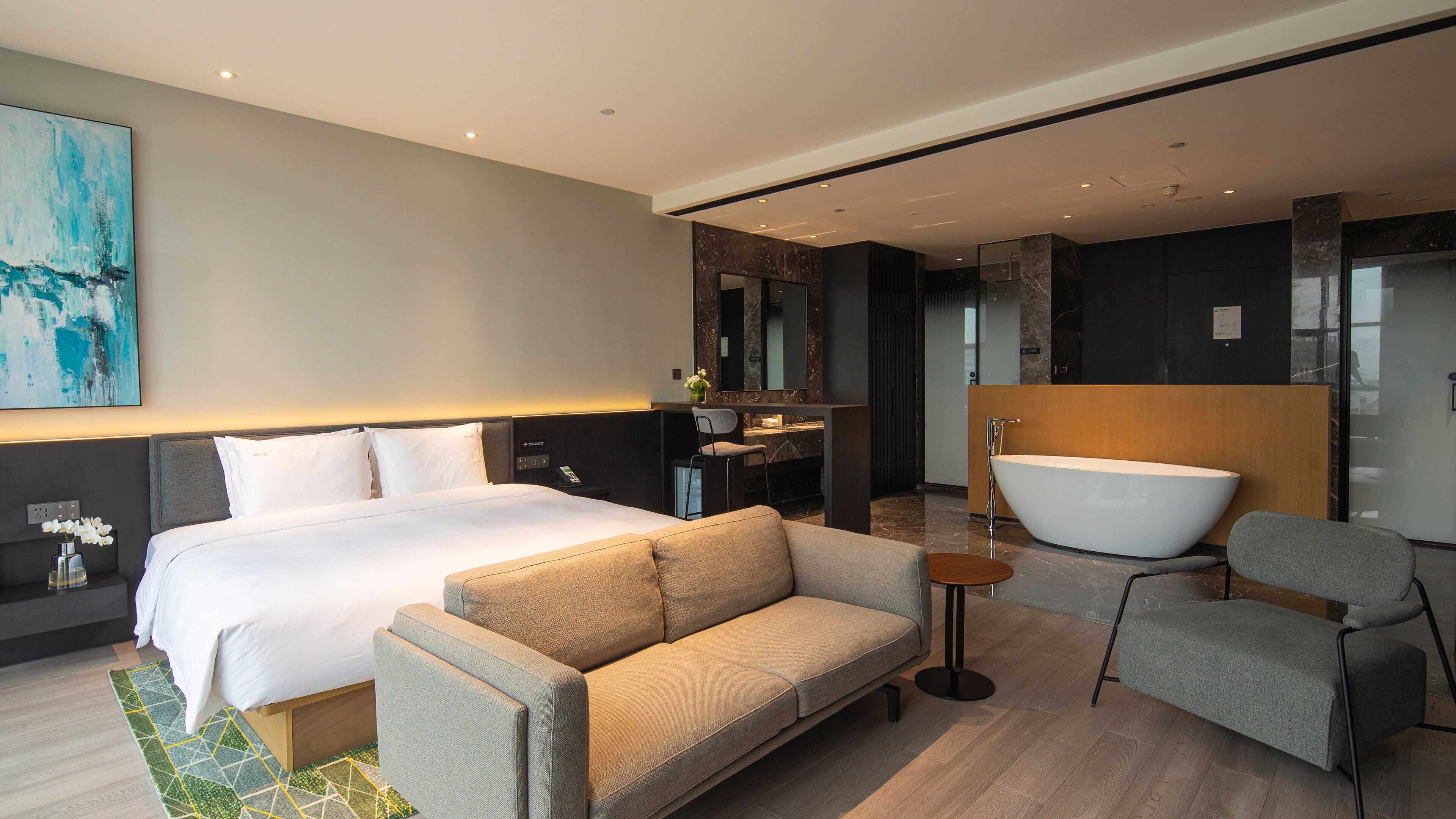 Una habitación de hotel moderna con una cama grande, un sofá, un escritorio, una bañera amplia y un espejo.