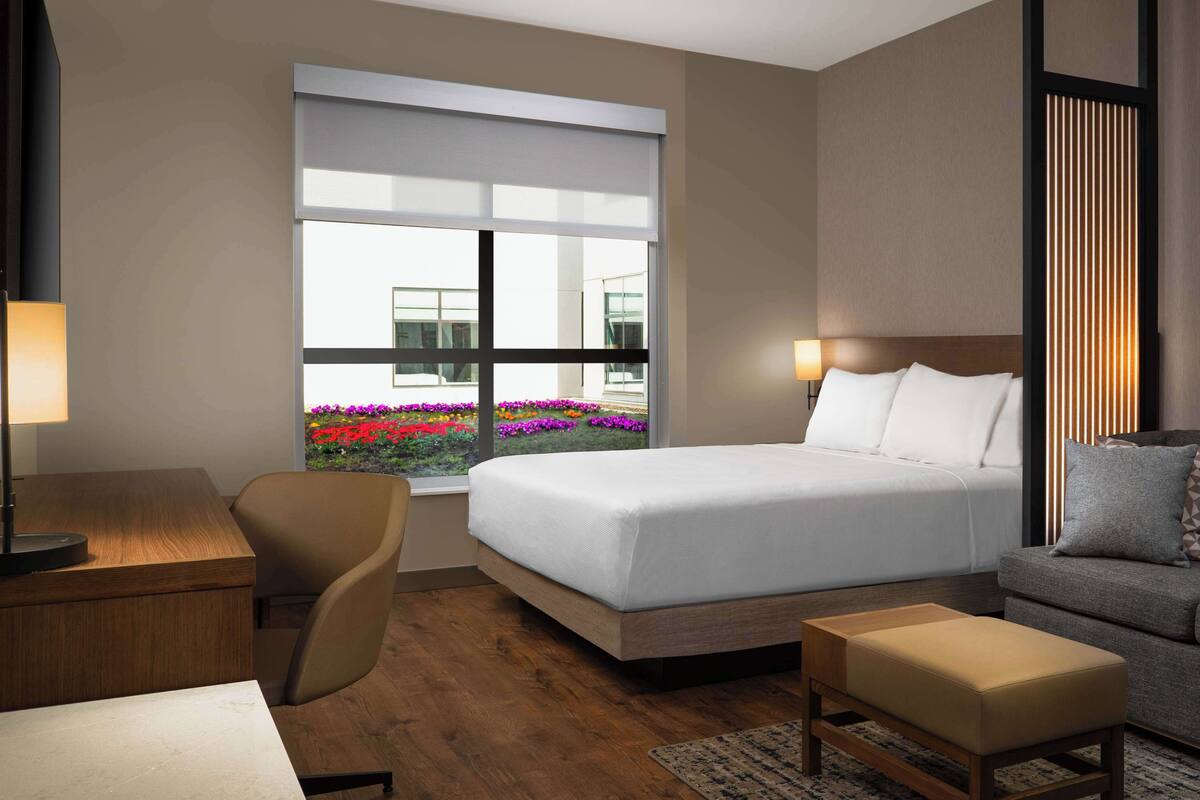 A hotel room with a bed, a desk, a chair, a sofa, and a window with a view of flowers.