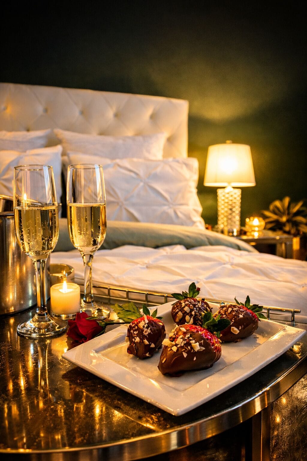 A neatly arranged bedroom with a bed, bedside table, and a tray with chocolate-covered strawberries and champagne glasses.