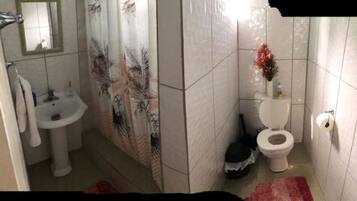 Secador de cabelo, toalhas de banho, sabonete, shampoo