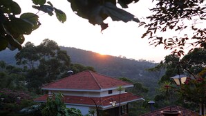 A two-story building with a red-tiled roof, surrounded by lush greenery and potted plants. - Mango Hill Yercaud (Yercaud)
