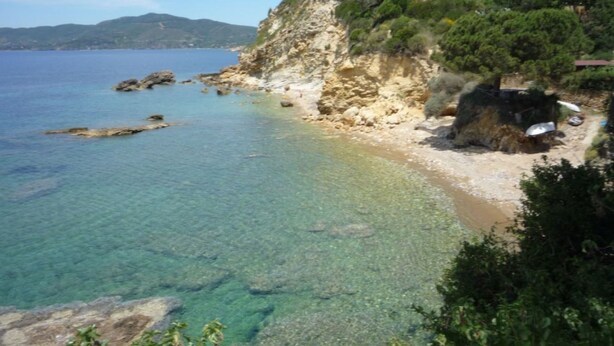 A coastal landscape with clear waters, rocky shorelines, and a hillside with vegetation and buildings. - Les Bouganvilles by SolturElba (Capoliveri)