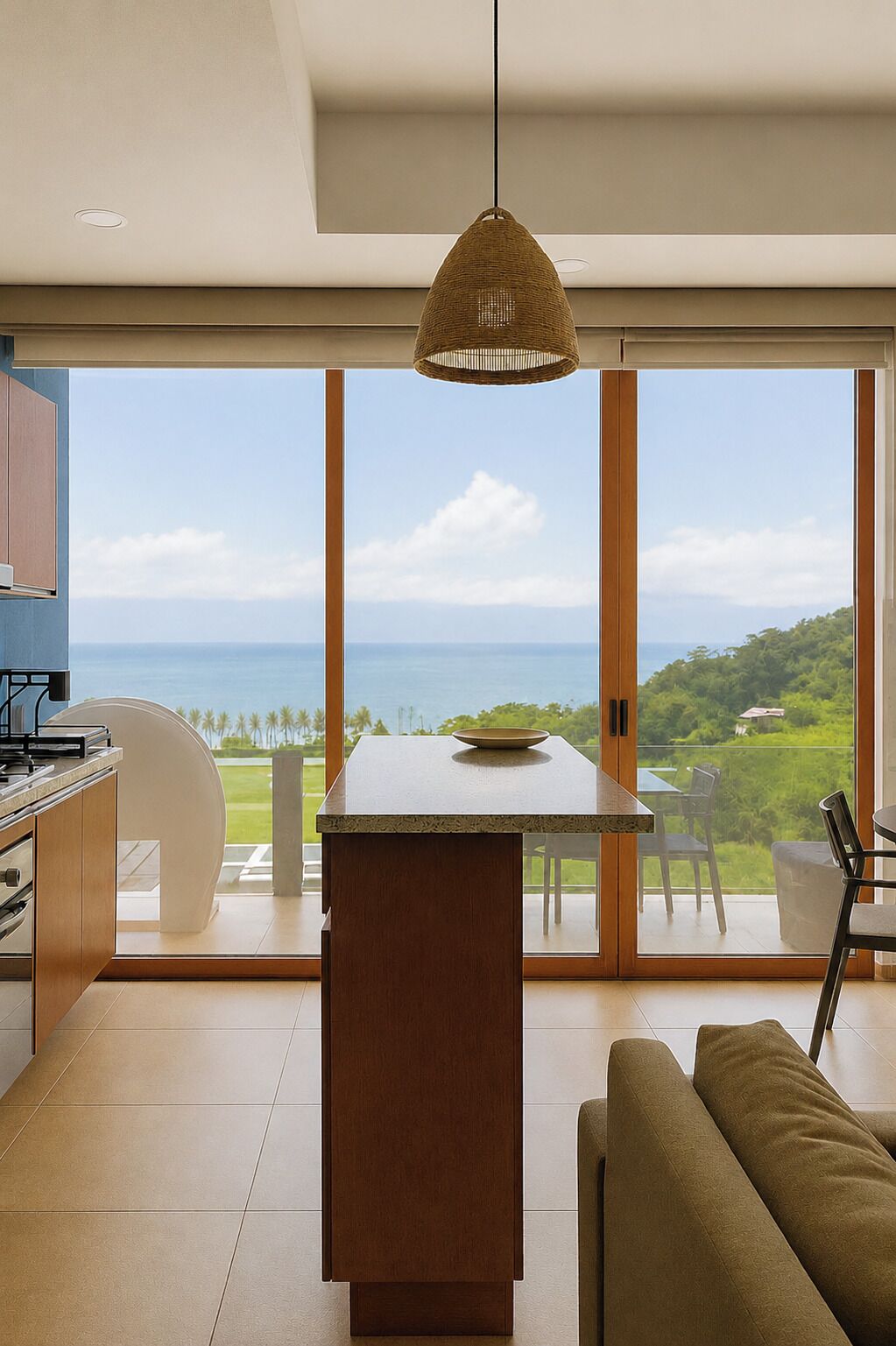 A modern kitchen with a large island, a dining area with chairs, and a view of the ocean.