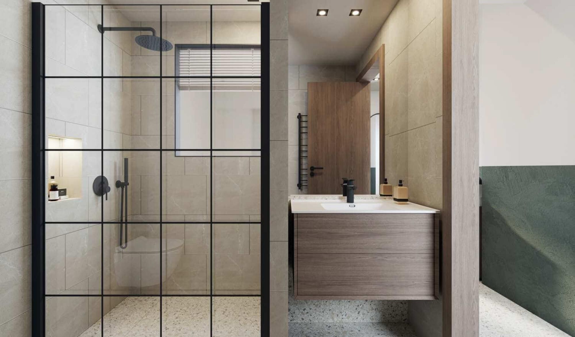 A modern bathroom with a glass-enclosed shower, a wooden vanity, and a large mirror.