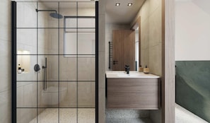 A modern bathroom with a glass-enclosed shower, a wooden vanity, and a large mirror. - Kalamata Mediterranean Suites & Villas (Kalamata)