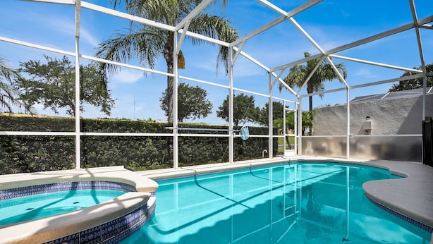 A clear, enclosed swimming pool with a tiled edge, surrounded by a white metal frame and palm trees in the background.