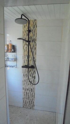 Shower, hair dryer, towels, soap