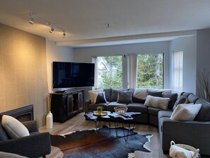 Smart TV, fireplace, books, stereo