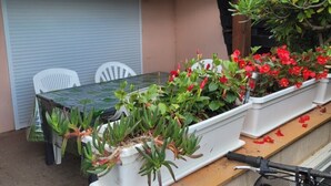 A patio with a table and chairs, potted plants, and a bicycle.